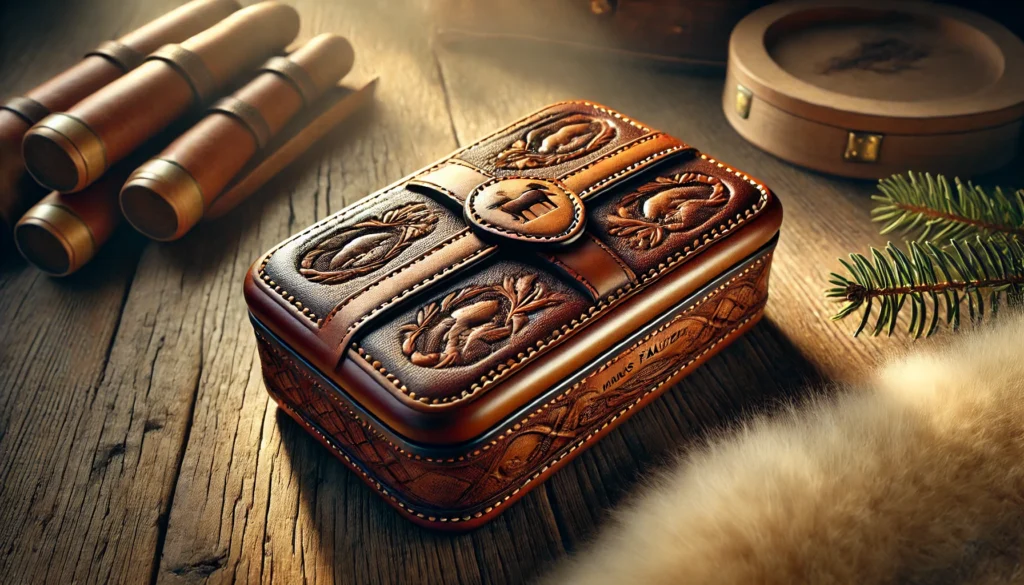 Handcrafted leather cigar case made by Hans Frauenschuh, traditional Alpine design, chamois leather, intricate details, natural light