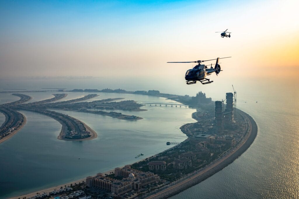 Helicopter ride over the sunset in dubai uae